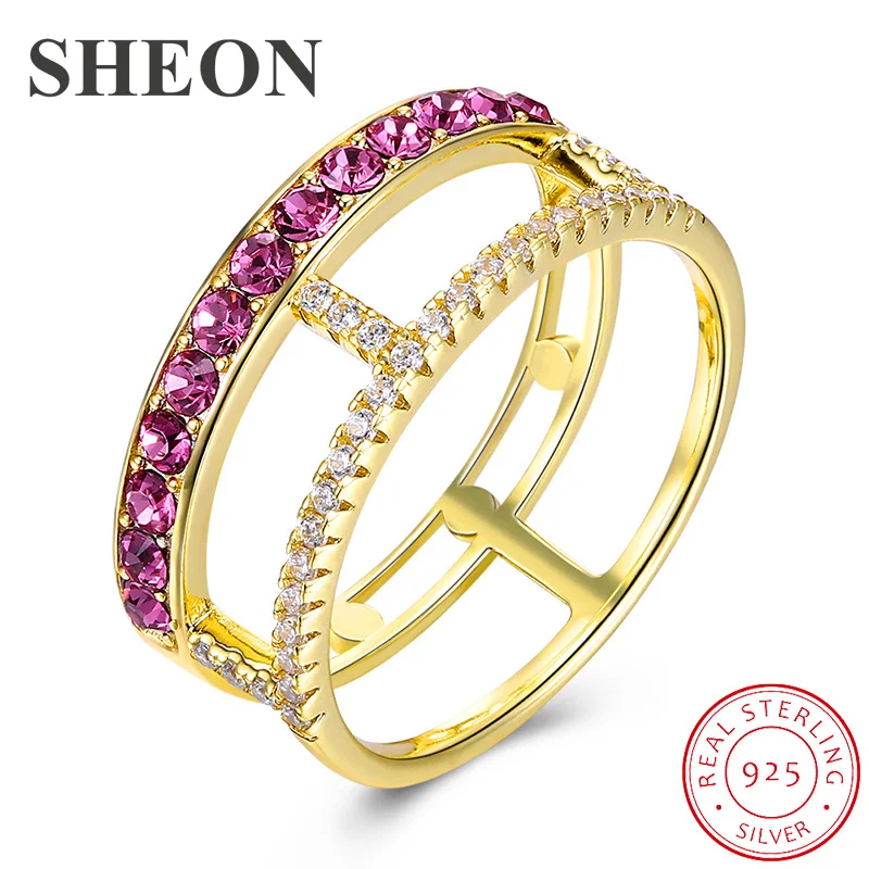 

SHEON New Collection 925 Sterling Silver Fashion Alphabet H Pink Crystal Double Layer Finger Rings for Women Wedding Jewelry
