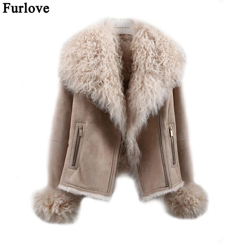 

Furlove New arrival luxury Europe American Winter Fashion Women Genuine Sheepskin Double-faced Fur Jacket Female Lady Fur Parka