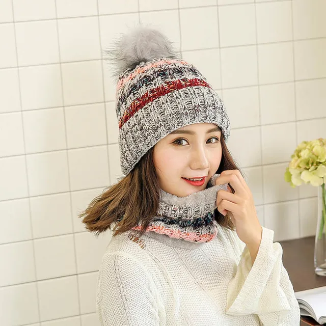 simple women knitted Hat Women Brand High Quality Winter girls Ball Ski Rabbit Fur Hat PomPoms warm Balaclava knitted Hats scarf 2