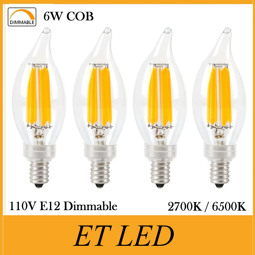 

10-Pack YAME LED Candelabra Base Bulb 6W LED Filament Bulb Dimmable E12 Base 2700K Warm White Equivalent to 50W Incandesc UL cUL
