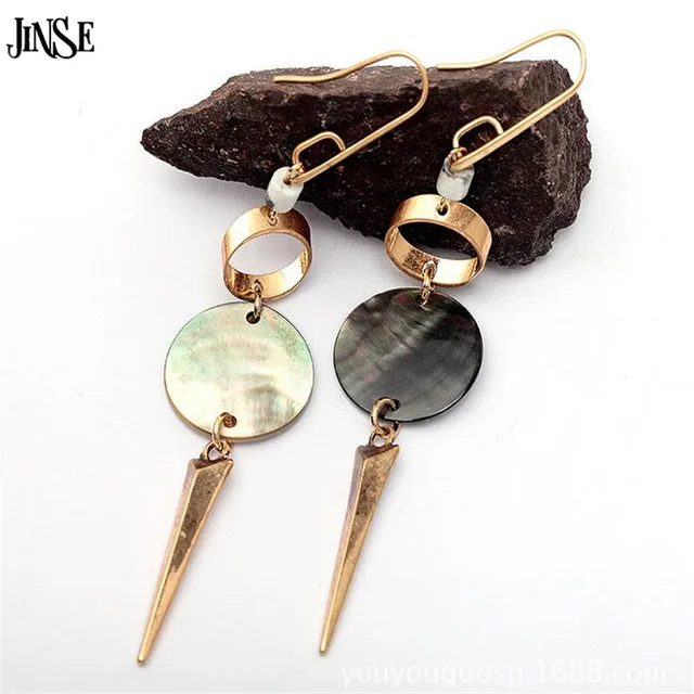 Jinse Vintage Handmade Round Natural S Pendant Dangle Earrings Jinse Vintage Handmade Round Natural S Pendant Dangle Earrings Zinc Alloy Gold Hook Spike