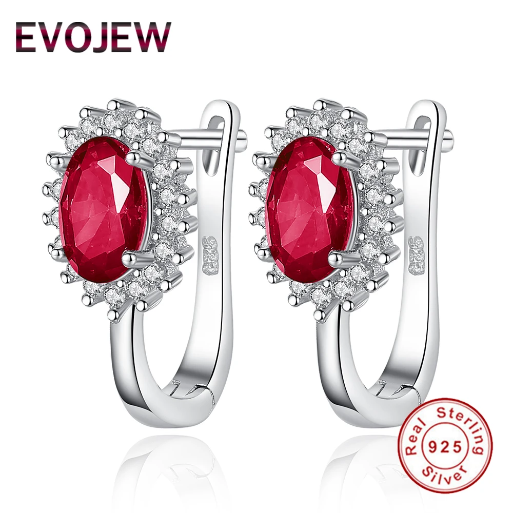 100 925 Sterling Silver Precious Red Rhinestone Hoop Earrings Women