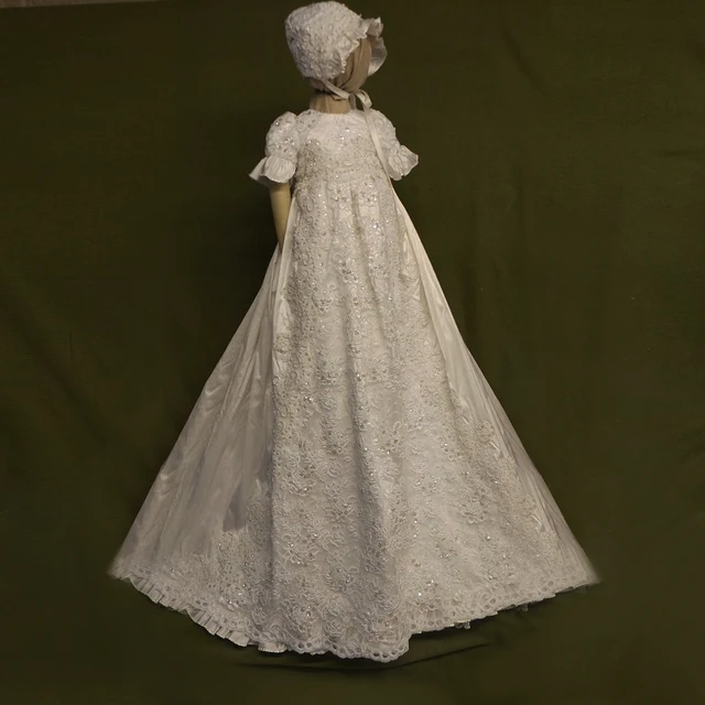 Best price at $110 Cheap Christening Gowns White and Ivory Color Size 3-24M Bonnet Soft Taffeta Slip and Custom Short Sleeve A-Line Beading Baby Dress