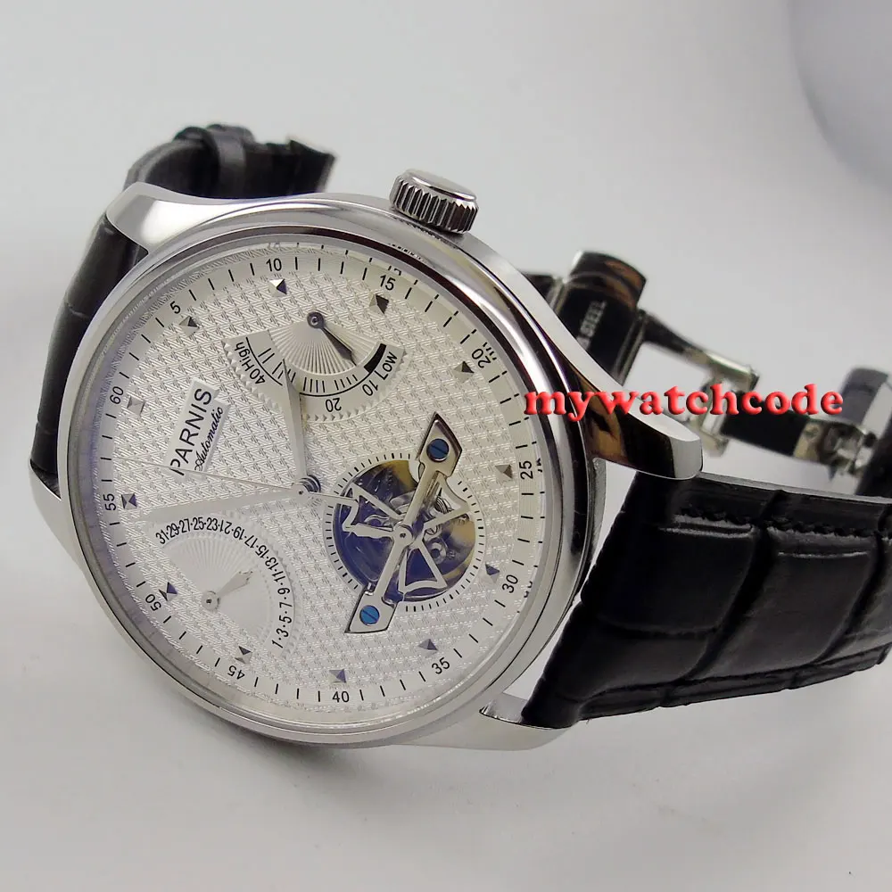 parnis white dial deployment clasp power reserve ST automatic mens watch413 | Наручные часы