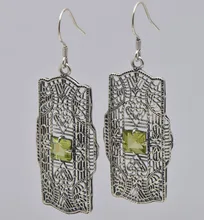 Personalidad de la moda europea retro tallado patrón decorativo de olivino natural pendientes de plata de ley 925 con el envío libre