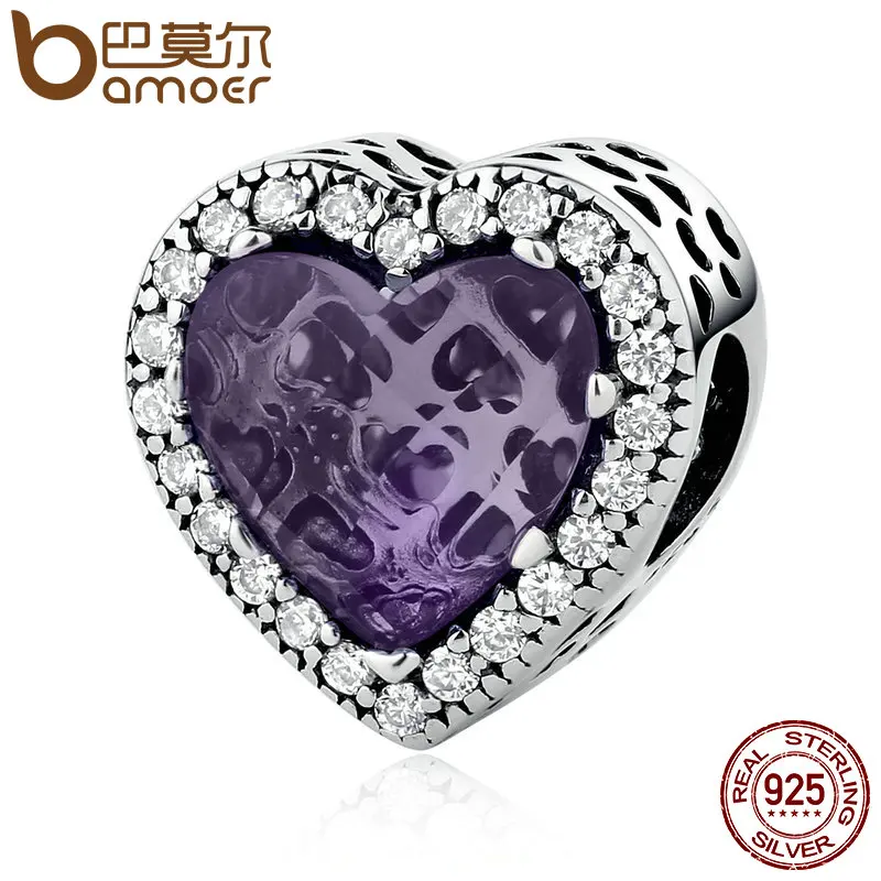 

BAMOER Real 925 Sterling Silver Elegant Purple Love Heart Beads Charms Fit Bracelets & Bangles Women DIY Accessories PSC057