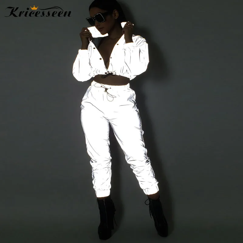 

Kricesseen Fashion Reflective Women Two Pieces Pants Sets 2018 Autumn Buttons Top Drawstring Pockets Ankle Pant Length Suits
