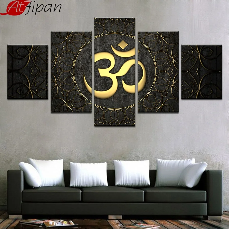

AtFipan Canvas Wall Art Home Decor For Living Room Poster Framed 5 Piece Buddha OM Yoga Painting Golden Symbol Picture