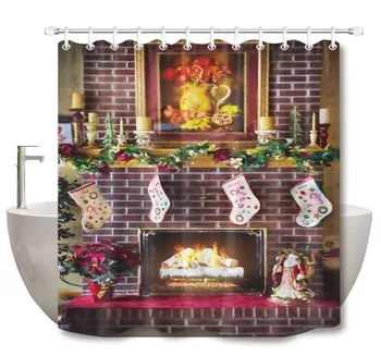 

LB Fireplace Stockings Shower Curtain Set With Rug Christmas Waterproof Bathroom Eco-Friendly Polyester Fabric For Bathtub Decor