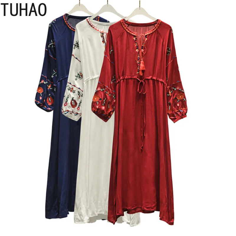 

TUHAO 2019 Spring Summer Women Vintage Ethnic Flower Embroidered Cotton Dresses Tunic Casual Long Dress Boho Maxi Dress JA207