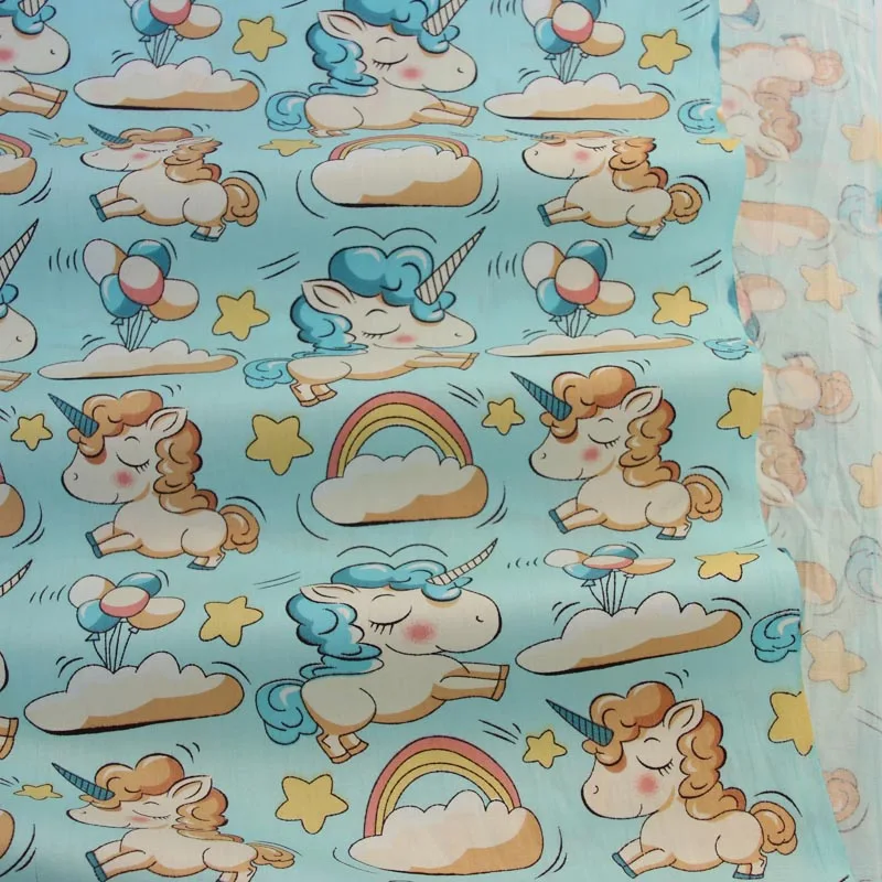 100% cotton twill cloth GRAY PINK AQUA cartoon unicorn rainbow stars fabric for DIY crib bedding cushion quilting handwork decor