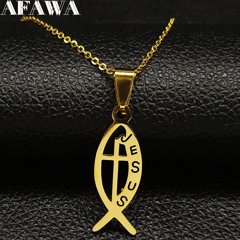 

2019 Fashion Fish JESUS Stainless Steel Necklacese Women Gold Color Chain Necklaces Jewelry acero inoxidable joyeria N18572