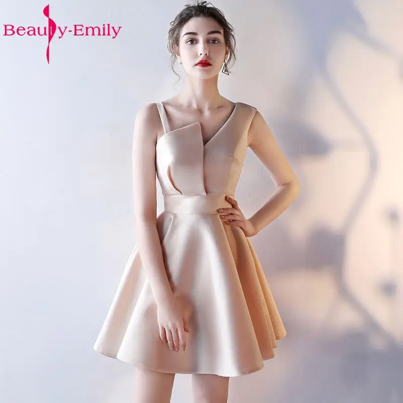 Beauty Emily Champagne A-Line Sexy Short Evening Party Prom Dresses 2022 Girl Dresses Sleeveless Formal Occasion Evening Gowns silver prom dresses Prom Dresses