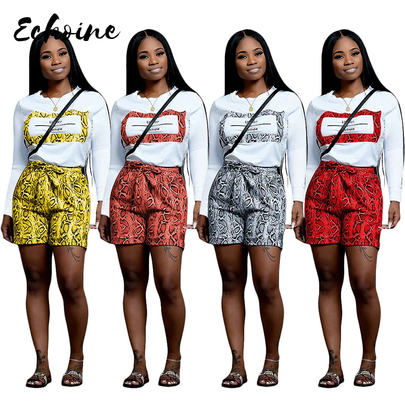 

Echoine Autumn Spring Long Sleeve T Shirt Short Pants Snake Skin Print Two Pieces Suits Women Bodycon Casual Tracksuit Outfits