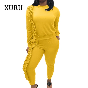 

XURU Plus Size Women Jumpsuits Autumn Long Sleeve Ruffles Solid Womens Jumpsuit Office Lady Work Two Piece Set Jumpsuits
