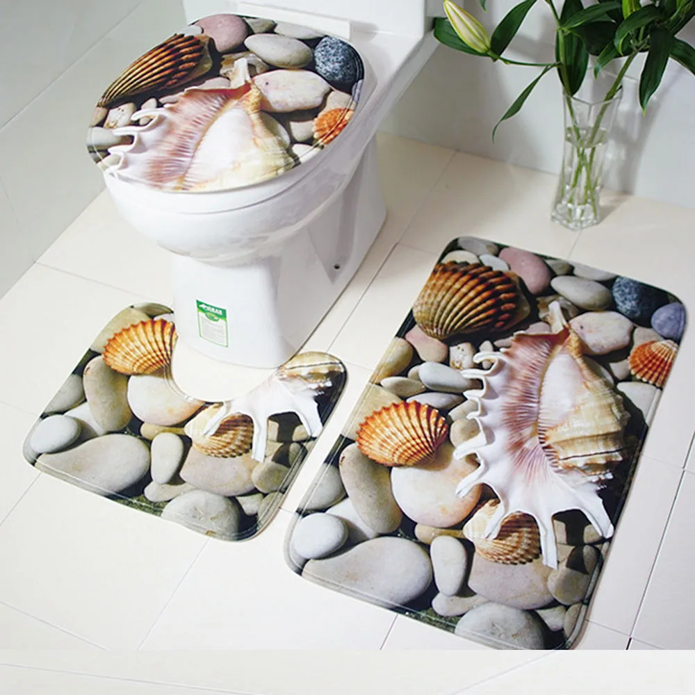 

Bathroom Non-Slip Blue Ocean Style Pedestal Rug + Lid Toilet Cover + Bath Mat