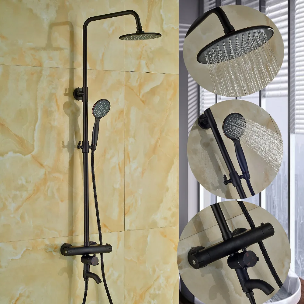 Modern Oil Rubbed Bronze Rain Shower Head Thermostatic Valve Hand Shower Tap NEW modern wall mounted round 8 rain shower head valve mixer tap oil rubbed bronze