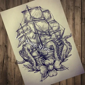 

New 2017 Vintage Tattoos Patterned poster "Large octopus boat" home decor pictures for bedroom wall art craft sticker HM-095