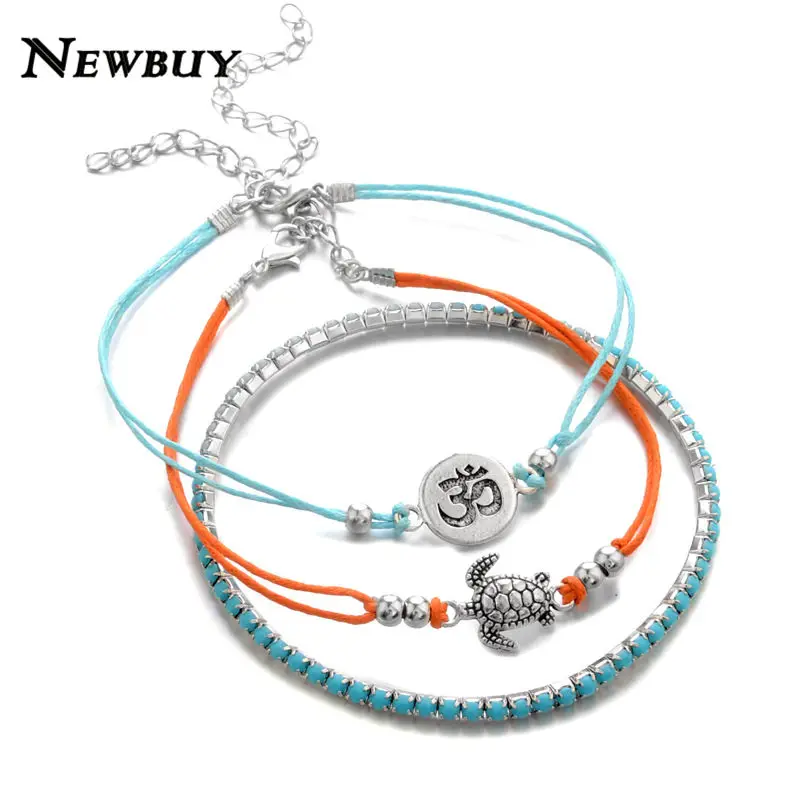 

NEWBUY 3pcs/set Trendy Bohemian Style Women Anklets Fashion Yoga Tortoise Charm Bracelets For Ankle Female Beach Jewelry