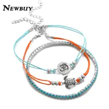 NEWBUY 3 יח'\סט טרנדי בוהמי סגנון נשים Anklets אופנה יוגה צב קסם צמידי קרסול נשי חוף תכשיטים(China)