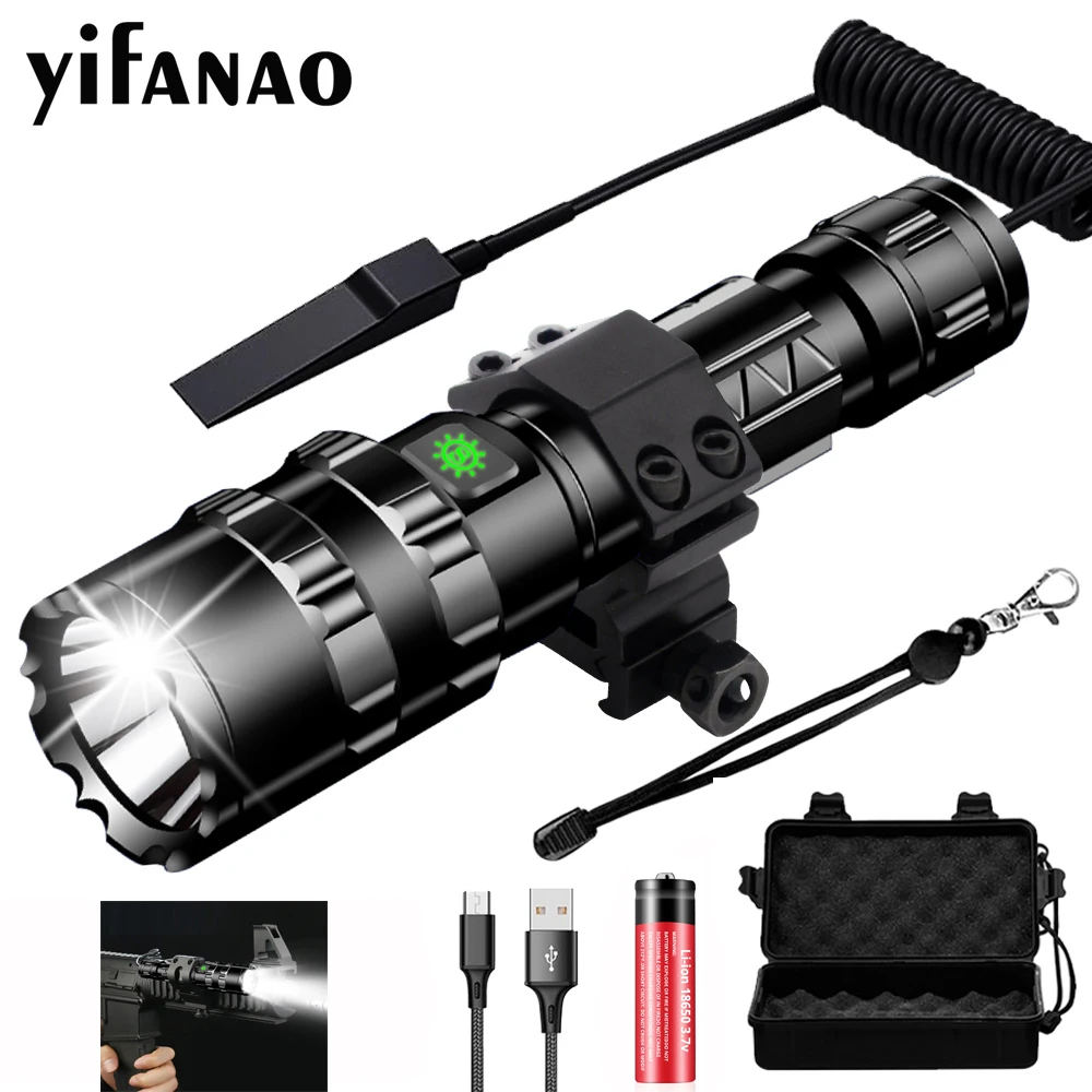 

65000Lumens LED T6 Tactical Flashlight Super Bright USB Rechargeable Torch Gun Clip Hunting Light Waterproof for 18650 Battery