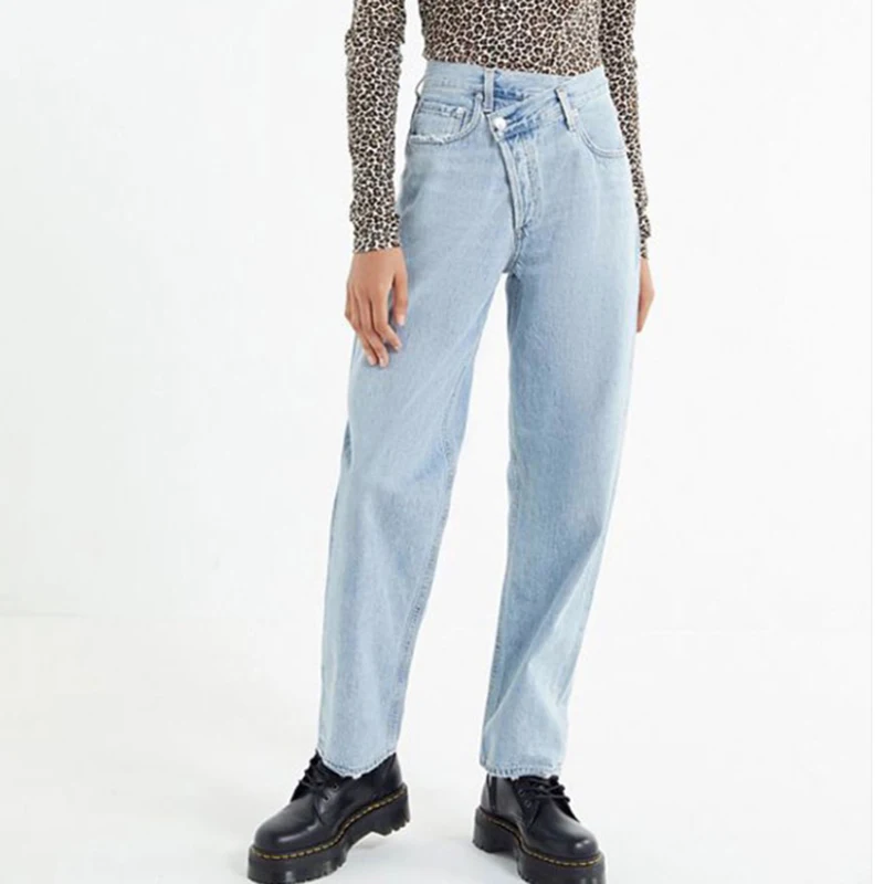 Высокое уличное свободное крой длинные джинсы женские средняя талия широкие прямые джинсовые брюки без стрейч однотонные повседневные джинсы женские