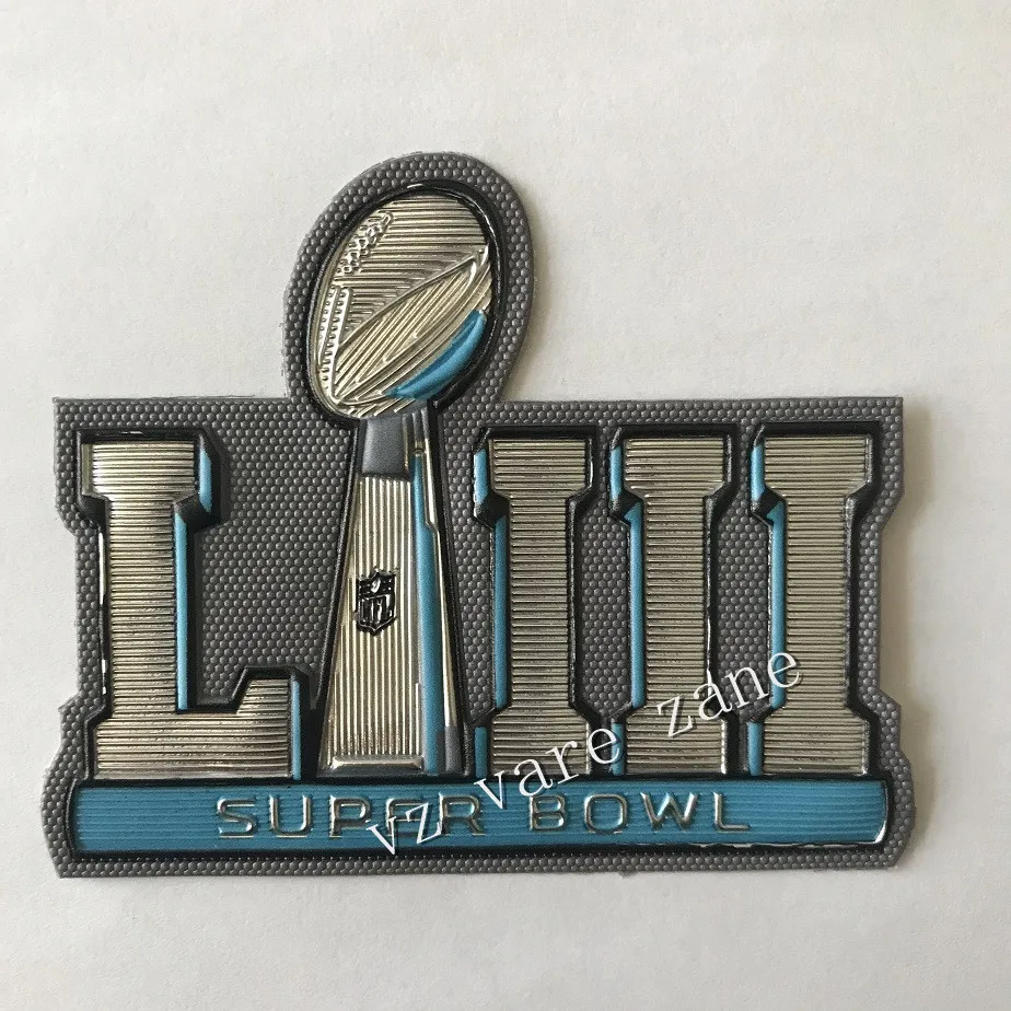 

50/lot Iron on American Football 2019 Super Bowl LIII Plastic Jersey Patch Hot pressing