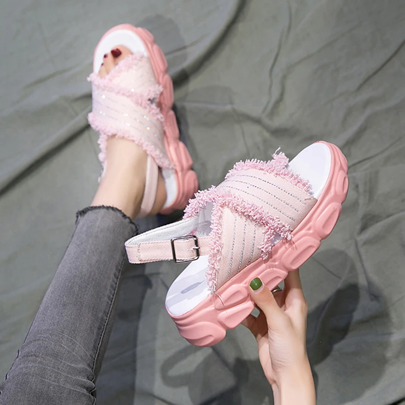 

Women's Sandals 2019 Summer Denim Fashion Rhinestone Female Shoes Platform Sandals For Woman Summer Shoes Women Beach Sandal