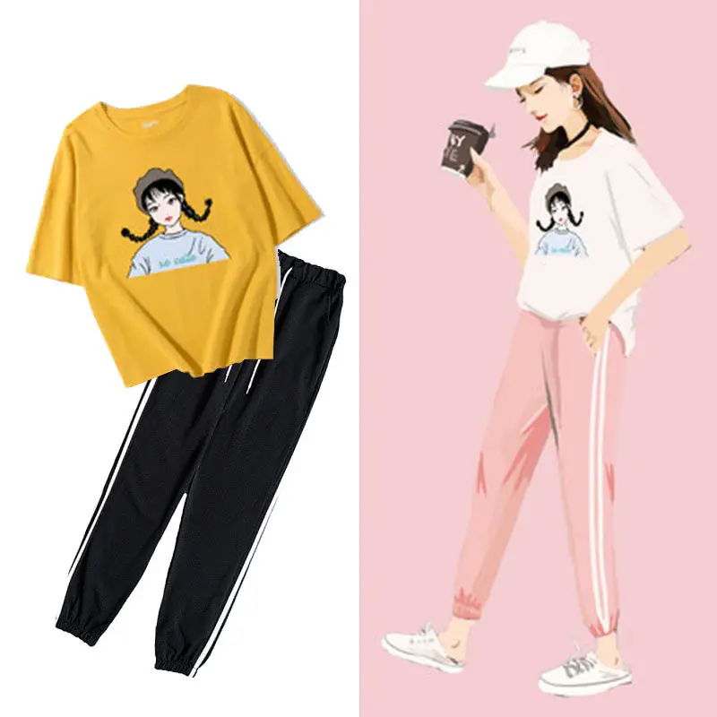 

2 piece set women Sports suit female summer 2019 new loose fashion casual two-piece female college wind student Korean female