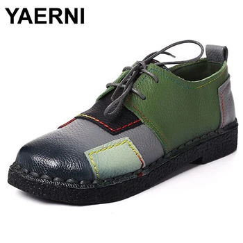 

YAERNI Women's Handmade Shoes Genuine Leather Lace-Up Flat Shoes Woman Loafers Soft Comfortable Casual Shoes Women Flats