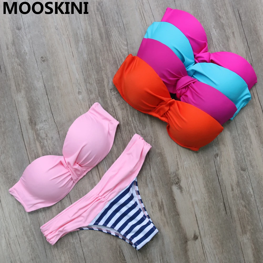 

Hot Design MOOSIKINI Brand Bikini Set 4 Colors Striped Swimwear Women Swimsuits Push Up Bathing Suits Plus Up Size Biquinis 2017