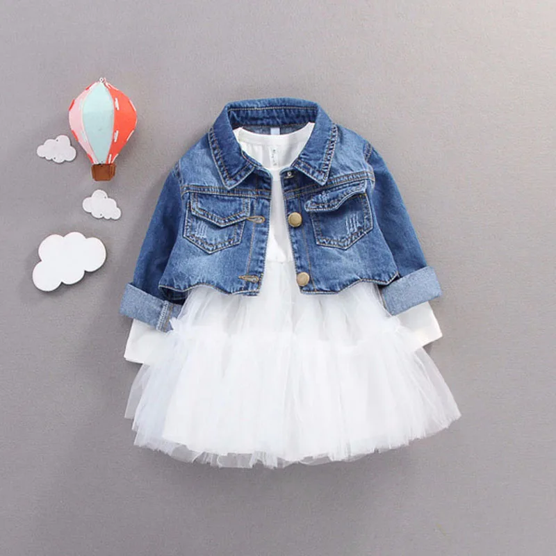 Платье для маленьких девочек осенне-осенние платья с длинными рукавами для девочек, платье принцессы, джинсовая куртка комплект из 2 предметов, детские куртки vestido infantil