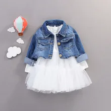 Платье для маленьких девочек осенне-осенние платья с длинными рукавами для девочек, платье принцессы, джинсовая куртка комплект из 2 предметов, детские куртки vestido infantil