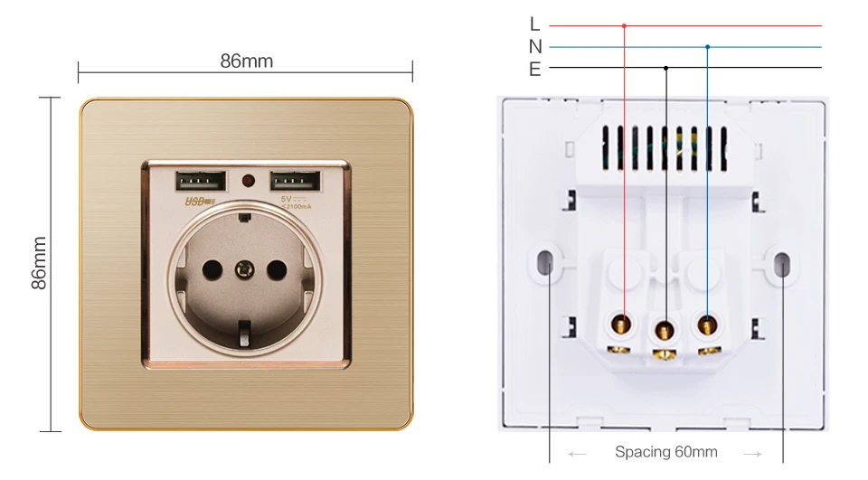 ЕС настенная розетка с usb для зарядки с двумя портами usb и двумя интерфейсами 5v 2.1a Алюминий Матовая панель 86*86 мм для роскошные аксессуары для дома