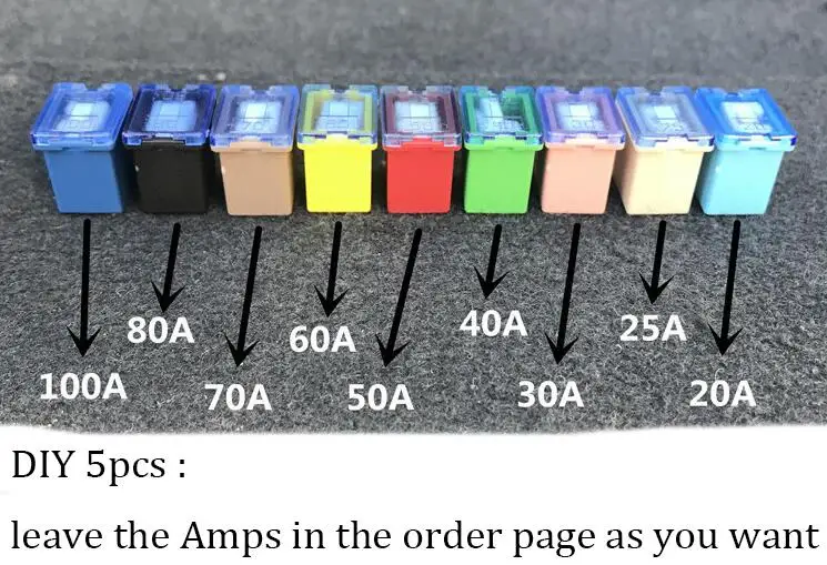 5 шт./лот автомобильные микро предохранители патронного типа FMM предохранители автомобиля квадратный предохранитель 1,6 см 20A-100A - Цвет: Многоцветный