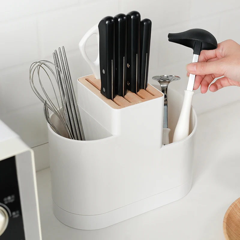 Plastic Wood Knife Holder White Forks Scissors Cutlery Multifunctional Storage Organizer Rack Kitchen Knife Block Accessories