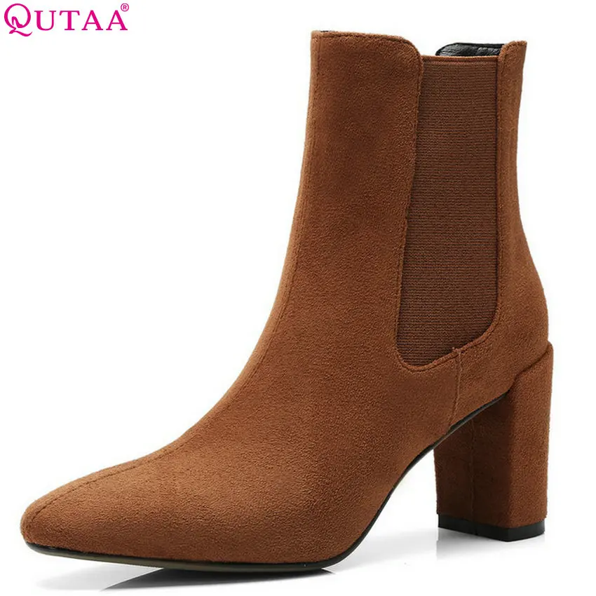 

QUTAA 2019 Woman Ankle Boots Square High Heel Flock+PU Leather Black Winter Shoes Pointed Toe Ladies Motorcycle Boots Size 34-39
