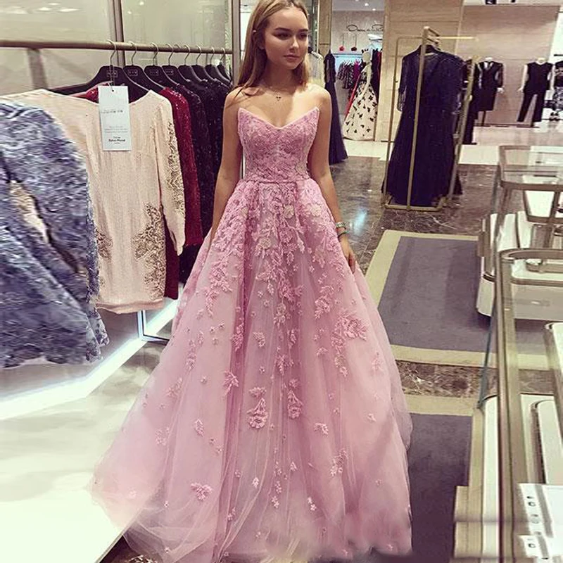 

Chic Tulle Prom Gown Pink Backless 2019 abiye Appliques Off Shoulder Prom Gowns Photoshoot Formal Dress robe de soiree