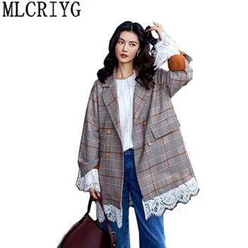 

2019 Korean Plaid Blazer Female Double Breasted Women's Suit Lace Spring Jackets and Blazers for Women blaser feminino YQ217