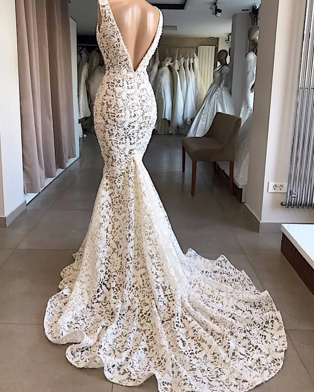 Robe de Mariage элегантное кружевное платье годе свадебное платье сексуальное платье с v-образным воротом, праздничное платье с открытой спиной Вечерние Халат без рукавов de soiree