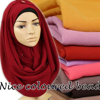 

High quality Big size bubble chiffon floral color beads/pearl plain shawls hijab muslim nice 20 color scarves/scarf 180*85cm