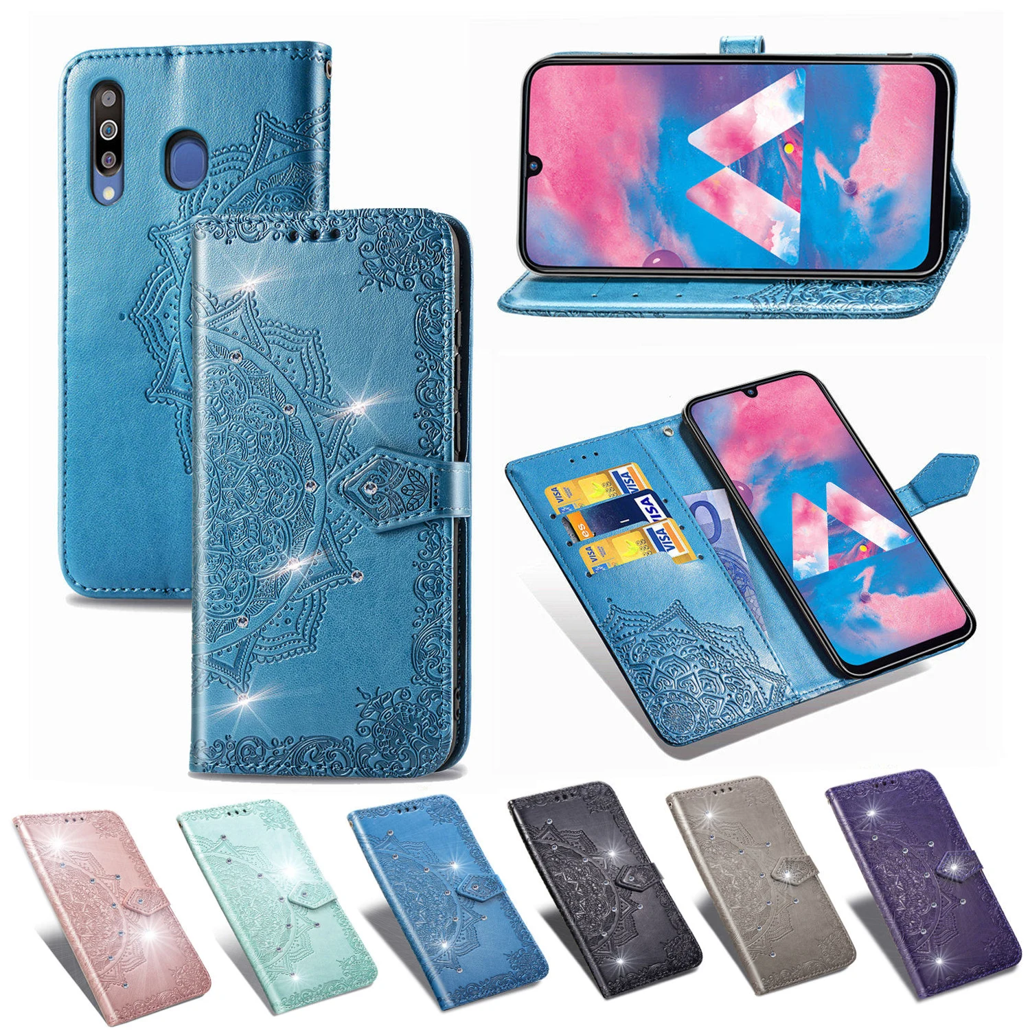 

For Samsung M30 Case Flip Woman Luxury PU Leather Wallet Mandala Pattern Glitter Card Cover for Samsung Galaxy M30 Smartphone