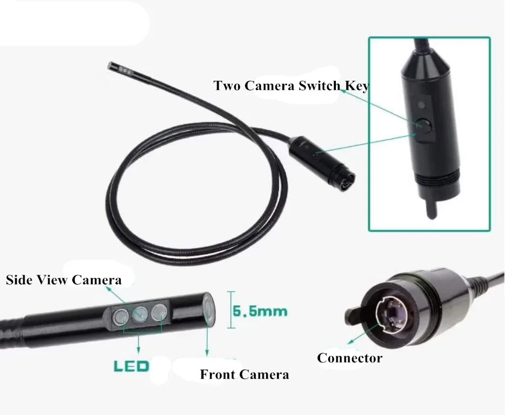 5,5 мм Двойная камера(фронтальная камера и камера бокового вида) эндоскоп Труба для AV, камера-эндоскоп