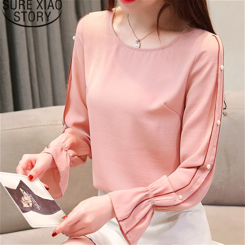 

womens tops and blouses blusas mujer de moda 2019 women's blouses Solid Beading O-Neck Flare Sleeve women shirts 1879 50