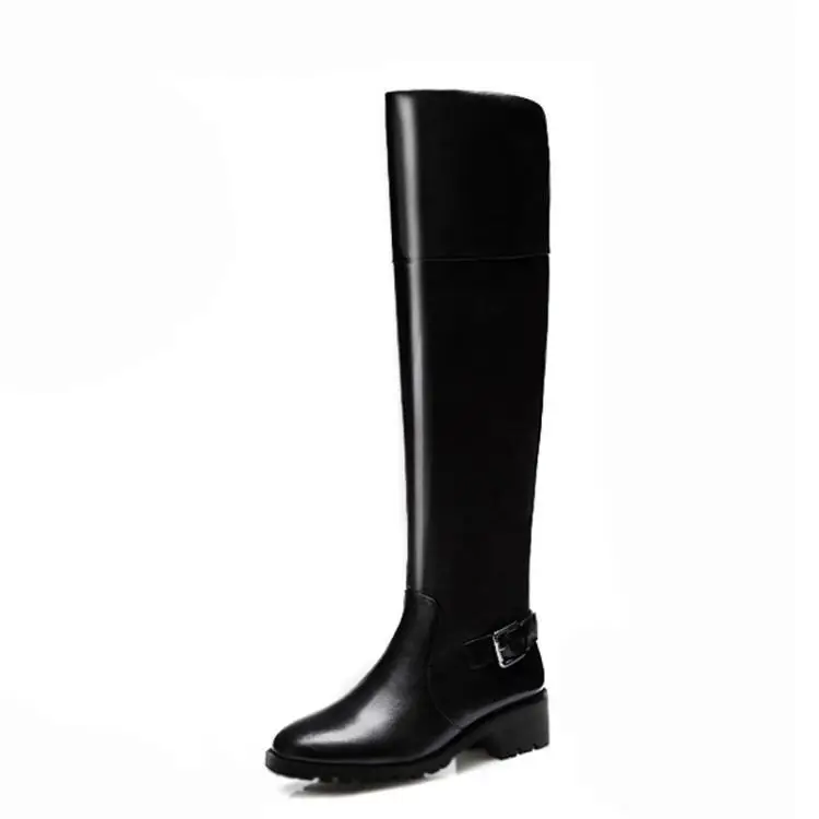 

Luxury Black Real Leather Winter Boots Women Knee High Concise Round Toe Chunky Heel One Metal Belt Buckle Shoes Woman Runway