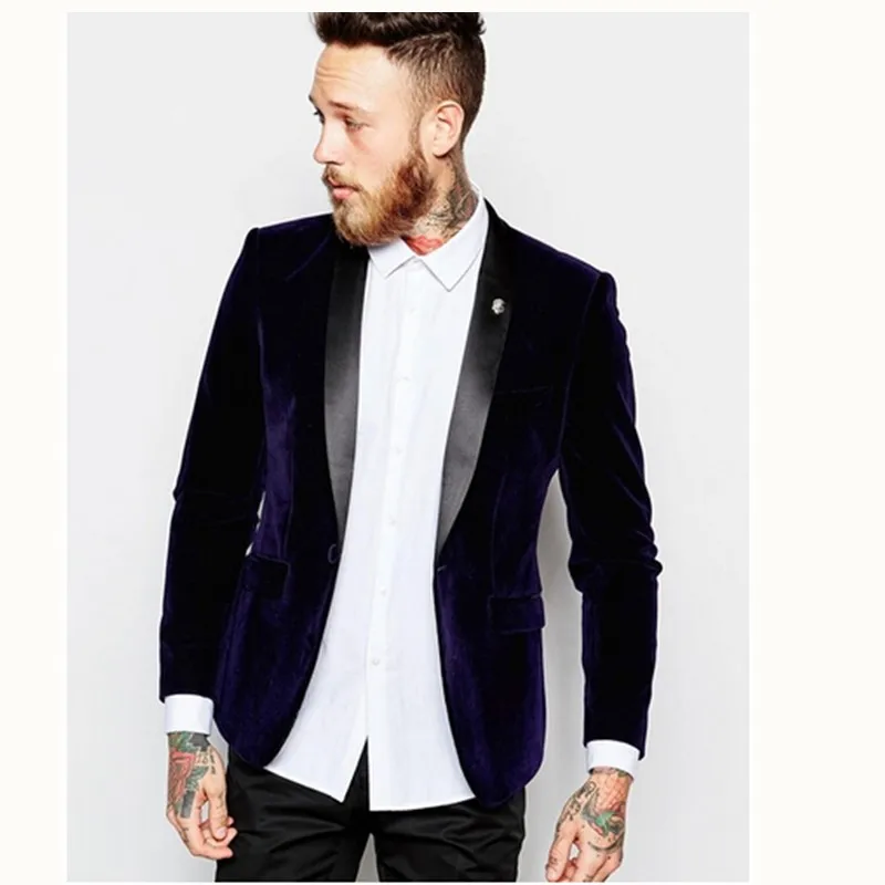 Gwenhwyfar Slim Fit Navy Blue Velvet Suits Blazer With Shawl Black