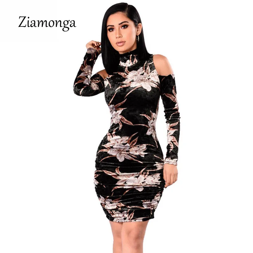 

Ziamonga Black Floral Printed Evening Party Dresses Winter Sexy Lady Dress Women Long Sleeve Off Shoulder Casual Velvet Dress