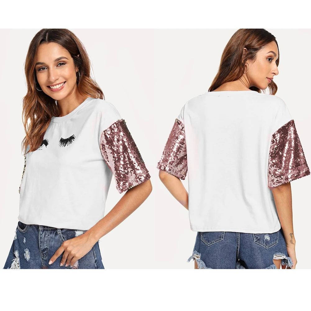 

Summer Women Eyelash Sequin Loose Tops harajuku T-shirt O-neck Tshirt Casual Short Sleeve T Shirt Woman Female Clothes S-XL