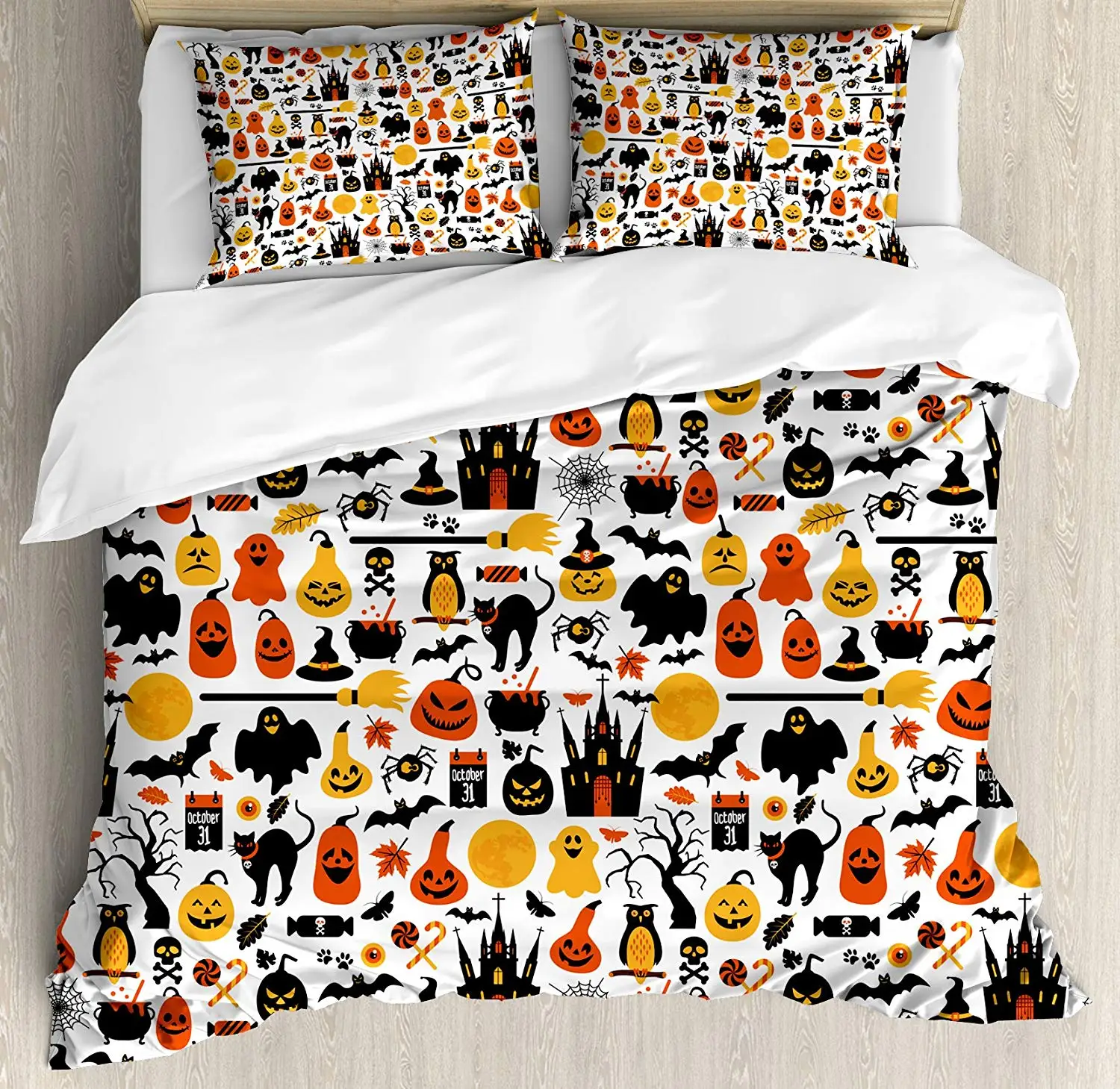 Halloween Duvet Cover Set Icons Collection Candies Owls Castles Ghosts October 31 Theme 3pcs Bedding | Дом и сад