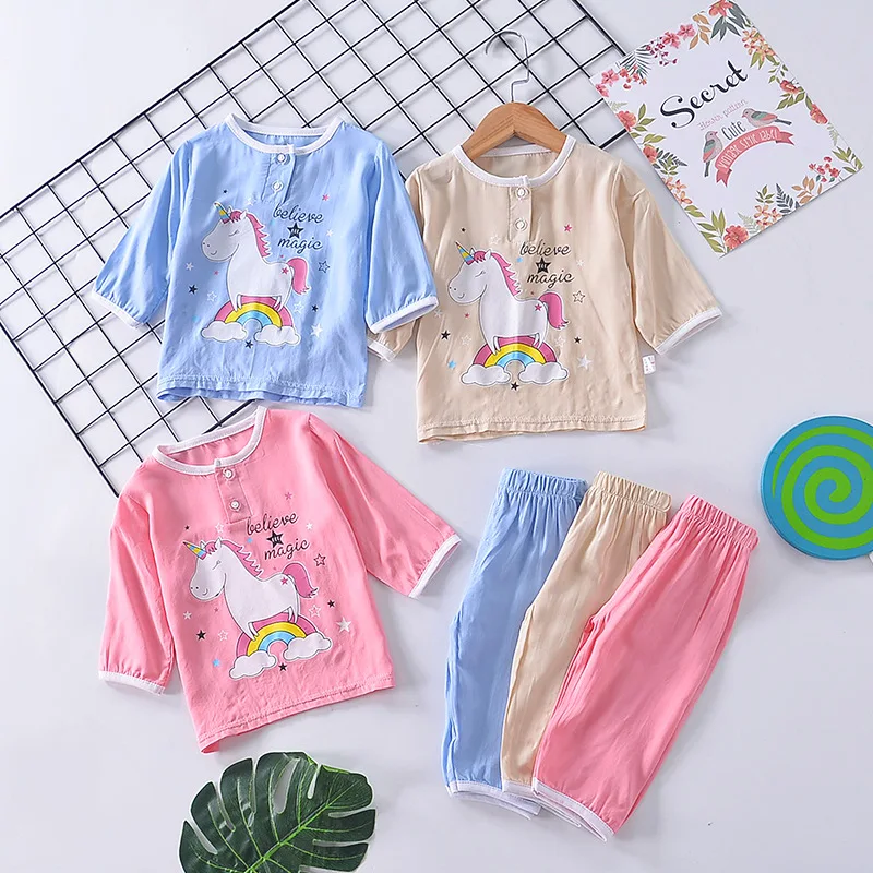 

Kids Pajamas Set Cartoon Three Quarter Top + Cropped Trousers Two Piece Set Sleepwear Summer Pajamas Nightwear children pyjamas